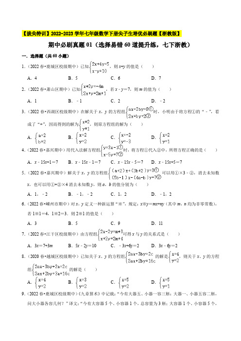 期中必刷真题01(选择易错60道提升练,七下浙教)七年级数学下册尖子生培优必刷题(原卷版)【浙教版】