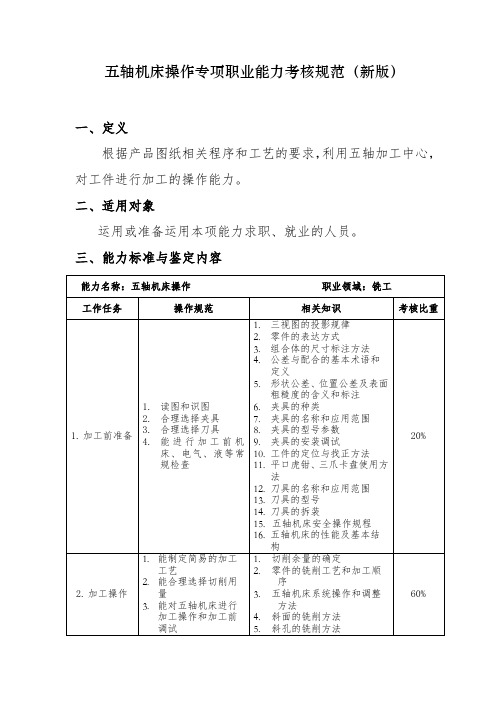 新版 国家 专项职业能力考试 证书 五轴机床操作 专项职业能力考核规范