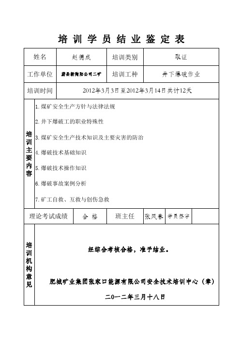 培训学员结业鉴定表(井下爆破)17