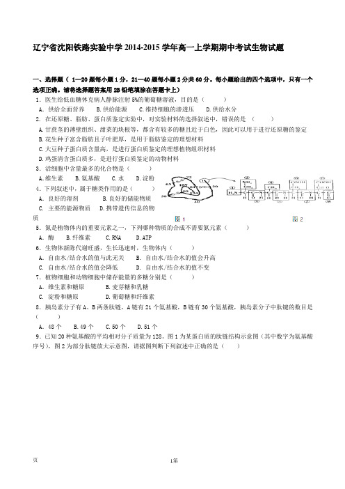 试题精选_辽宁省沈阳铁路实验中学2014-2015学年高一上学期期中考试生物调研试卷_精校完美版