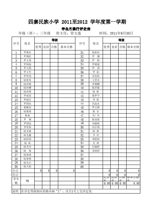 三年级操行评定表