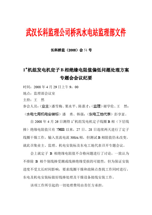 会51-1#机组发电机定子B相绝缘电阻值偏低问题处理方案专题会会议纪要