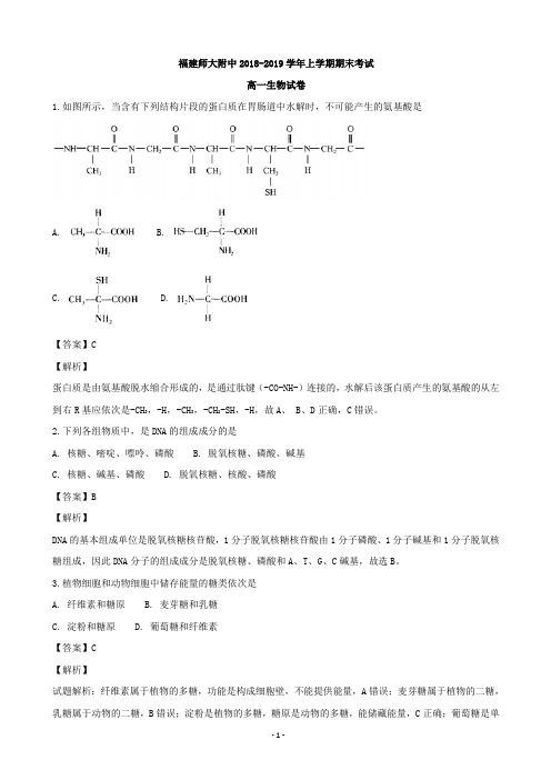 2018-2019学年福建省师范大学附属中学高一上学期期末考试生物试题(解析版)