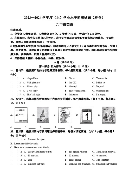 四川省成都市郫都区2023-2024学年九年级上学期期末检测英语试题(含答案,无听力原文及音频)