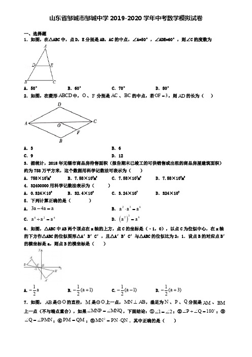 山东省邹城市邹城中学2019-2020学年中考数学模拟试卷