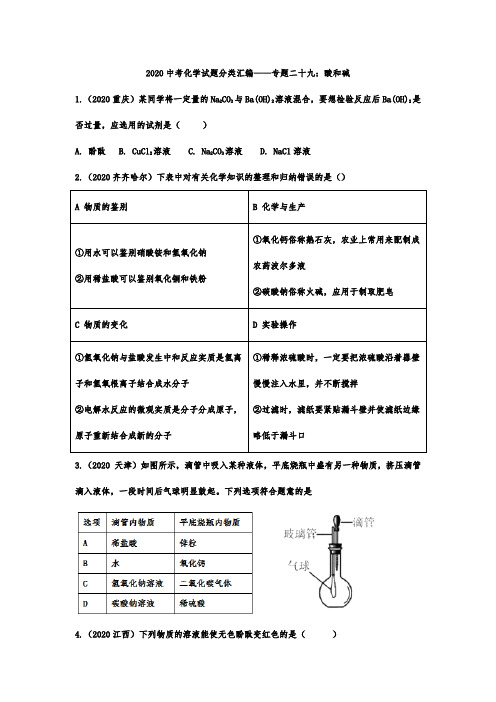 2020中考化学试题分类汇编——专题二十九：酸和碱