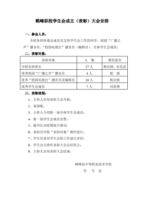 鹤峰职校2009届学生会成立(表彰)大会安排