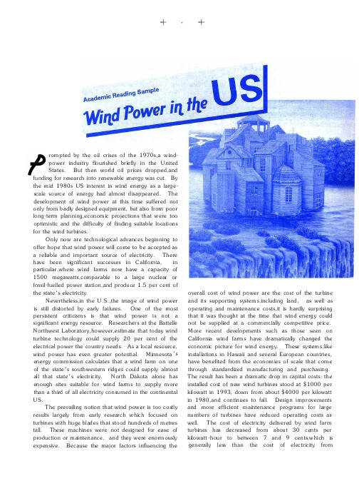 雅思阅读实战练习2 Academic Reading Sample Wind Power in the US