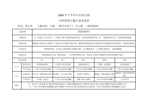 2020年幼儿园中班上学期周主题计划表