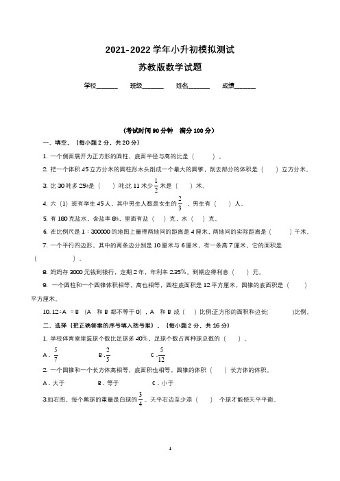 苏教版数学六年级小升初模拟试卷(附答案解析)