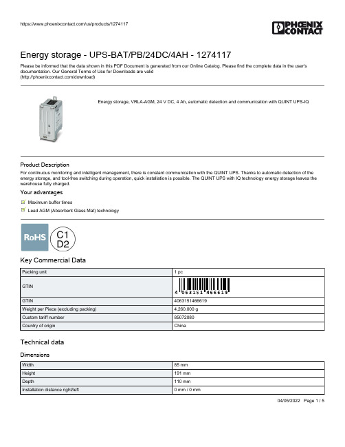 凯恩斯电源 UPS-BAT PB 24DC 4AH 能源储存设备说明说明书