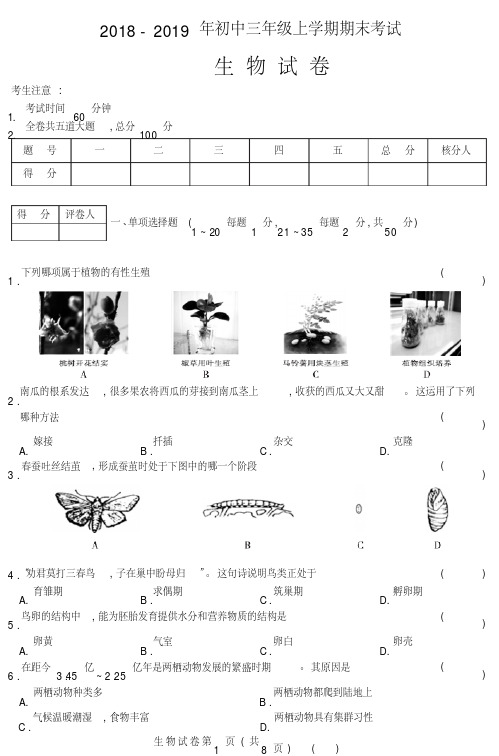 【精品】2018~2019年初三上学期期末试卷及答案【生物】(Y)