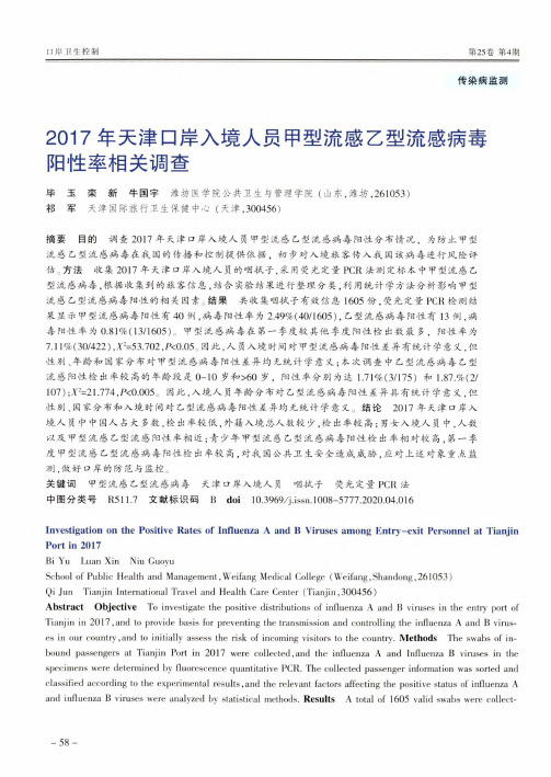 2017年天津口岸入境人员甲型流感乙型流感病毒阳性率相关调查