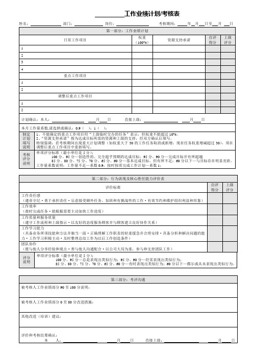 工作业绩计划考核表(员工)在用