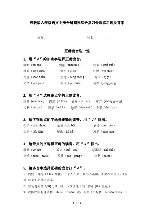 苏教版六年级语文上册全册期末综合复习专项练习题及答案