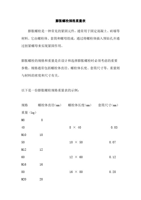 膨胀螺栓规格重量表