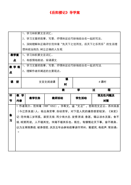 吉林省通化市八年级语文下册第六单元27《岳阳楼记》导学案(无答案)新人教版