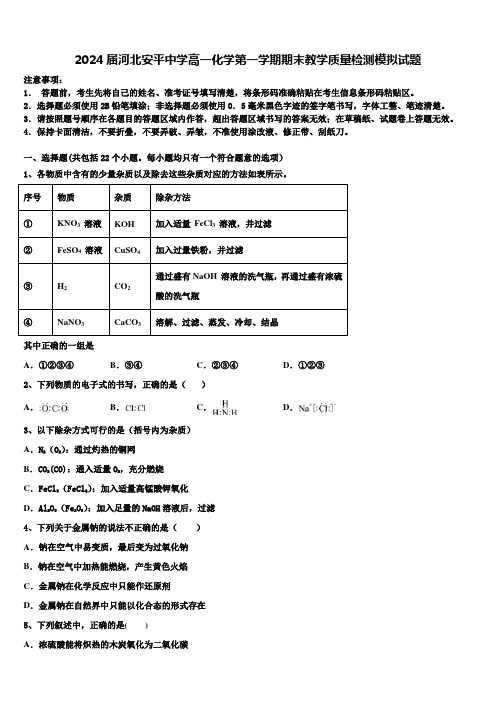 2024届河北安平中学高一化学第一学期期末教学质量检测模拟试题含解析