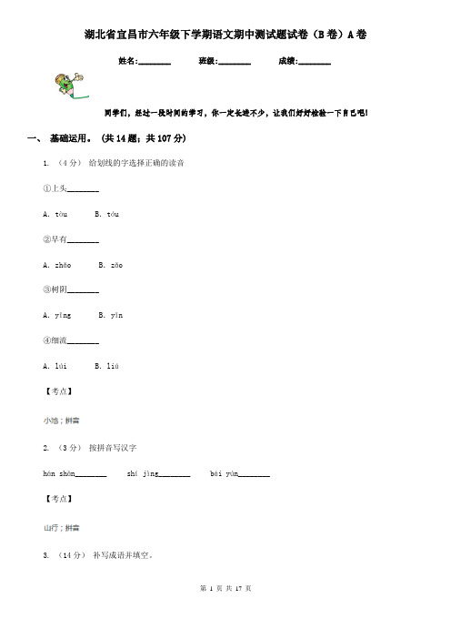 湖北省宜昌市六年级下学期语文期中测试题试卷(B卷)A卷