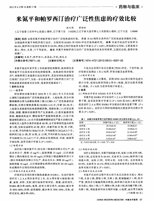 米氮平和帕罗西汀治疗广泛性焦虑的疗效比较