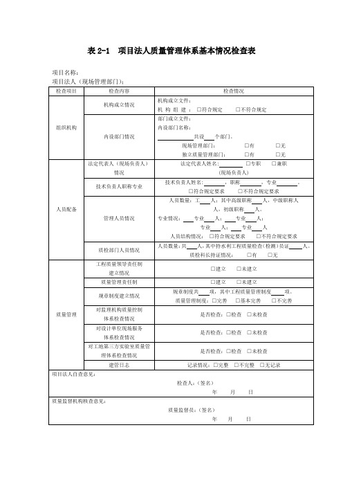 表2-1  项目法人质量管理体系基本情况检查表