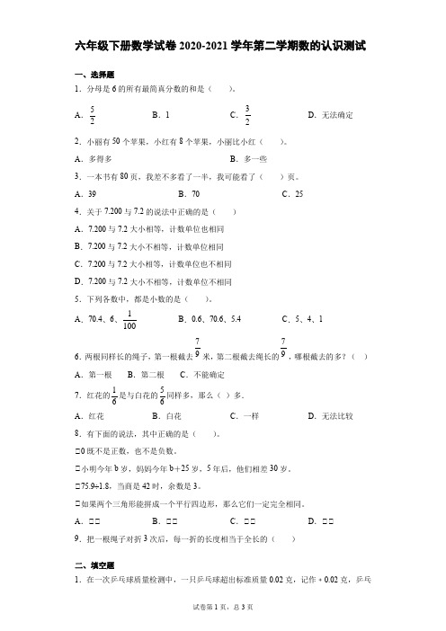 六年级下册数学试题-数的认识测试卷(二)人教版