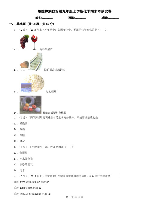 楚雄彝族自治州九年级上学期化学期末考试试卷