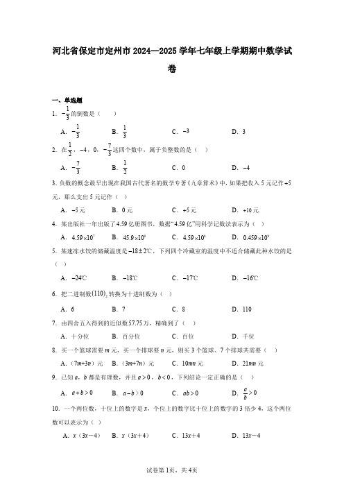 河北省保定市定州市2024—2025学年七年级上学期期中数学试卷