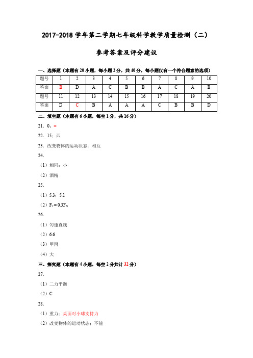 (嘉兴)2017-2018学年第二学期七年级科学教学质量检测(二)参考答案及评分建议