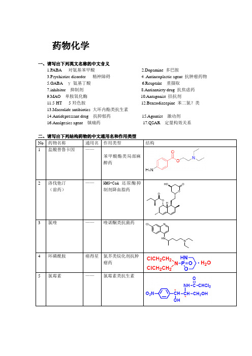 药物化学结构式及简答概要