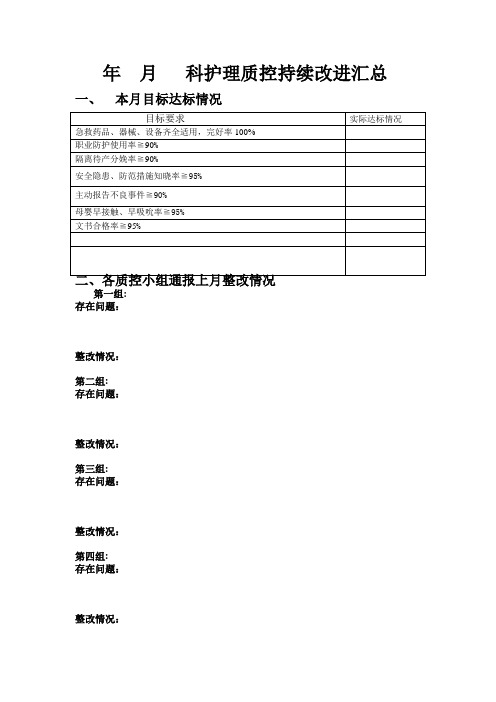 年  月护理质量控制持续改进汇总表