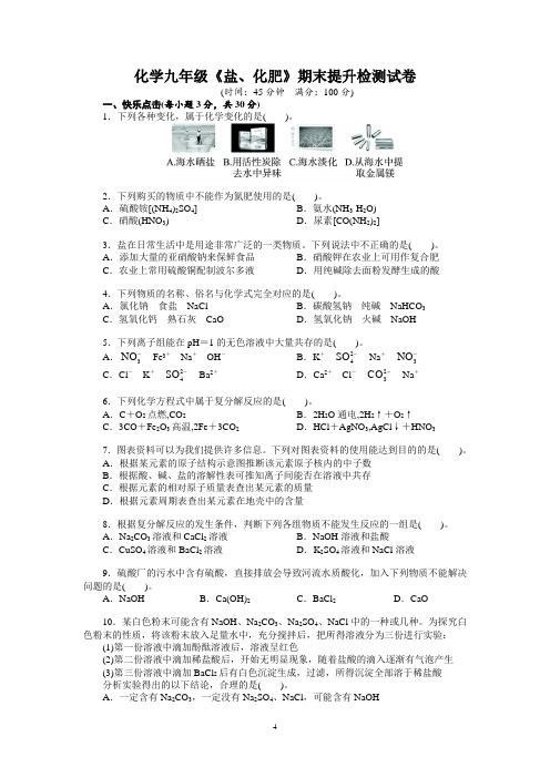 初中化学九年级《 盐 化肥》期末提升检测复习试卷及答案