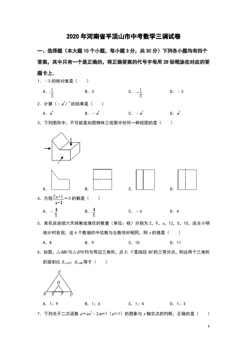 河南省平顶山市2020年九年级中招第三次调研测试数学试题 解析版