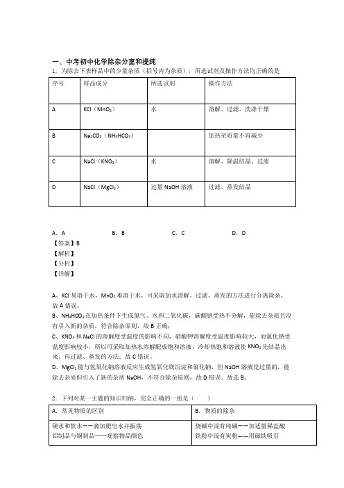 中考化学 分离和提纯除杂 培优练习(含答案)及答案