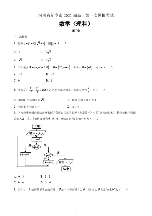 河南省新乡市2021届高三第一次模拟考试数学(理科)试题(含答案)