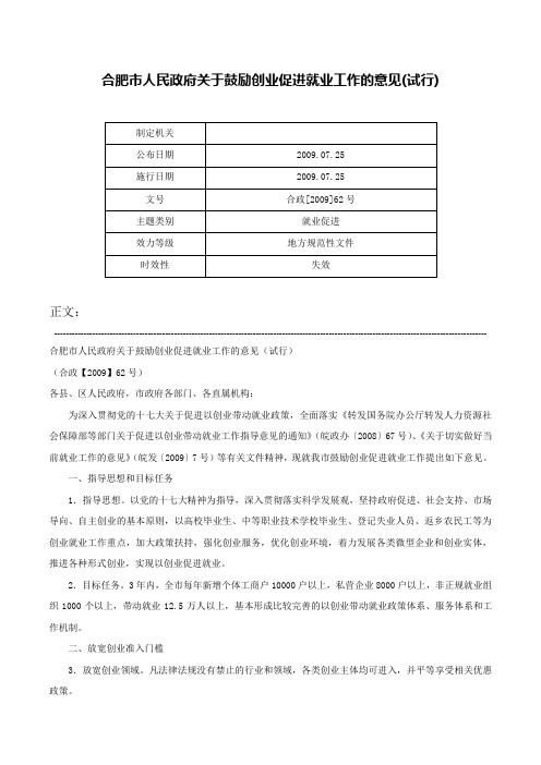 合肥市人民政府关于鼓励创业促进就业工作的意见(试行)-合政[2009]62号