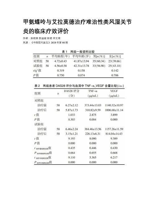 甲氨蝶呤与艾拉莫德治疗难治性类风湿关节炎的临床疗效评价