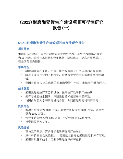 (2023)耐磨陶瓷管生产建设项目可行性研究报告(一)