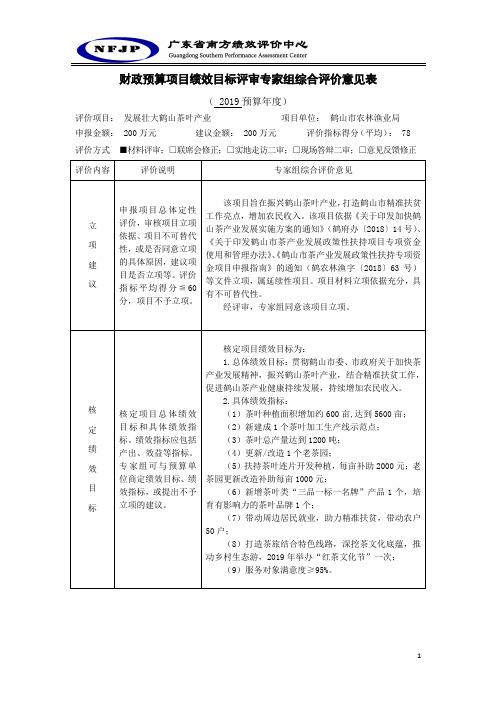 财政预算项目绩效目标评审专家组综合评价意见表