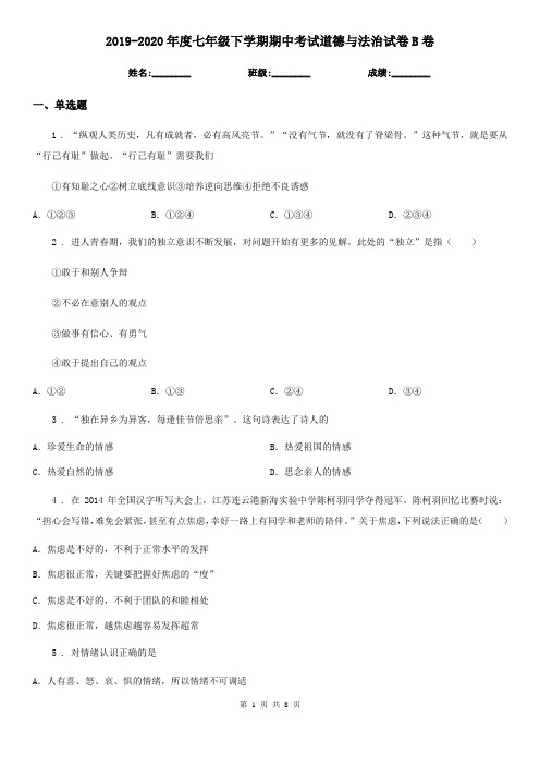 2019-2020年度七年级下学期期中考试道德与法治试卷B卷