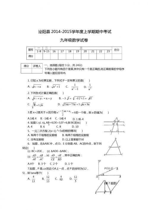 河南省泌阳县2014-2015学年度九年级上期中数学试卷及答案