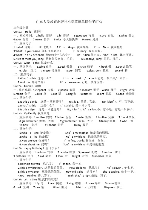 广东人民教育出版社小学英语单词句子汇总