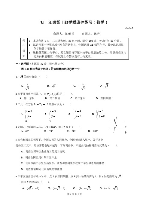 北京人大附中2019--2020学年七年级下期数学线上教学适应性练习(期中试卷)(word版,无答案)