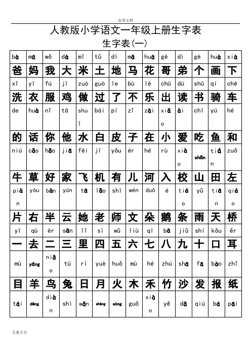 一年级语文上册生字表及全部偏旁部首