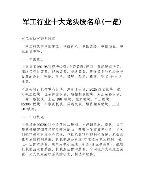 军工行业十大龙头股名单(一览)