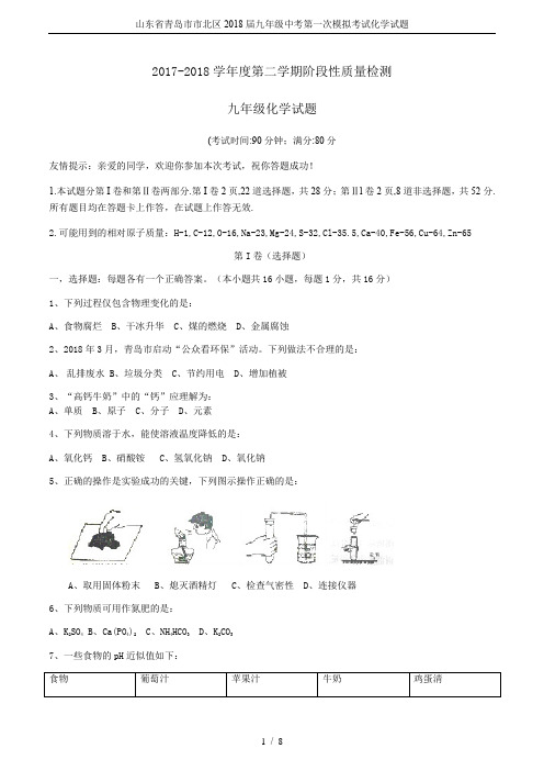 山东省青岛市市北区2018届九年级中考第一次模拟考试化学试题