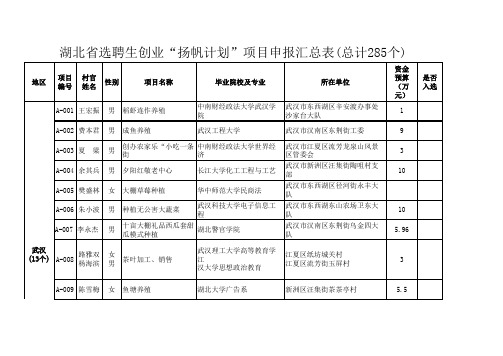 湖北省选聘生创业扬帆计划项目申报汇总表(总计285个)