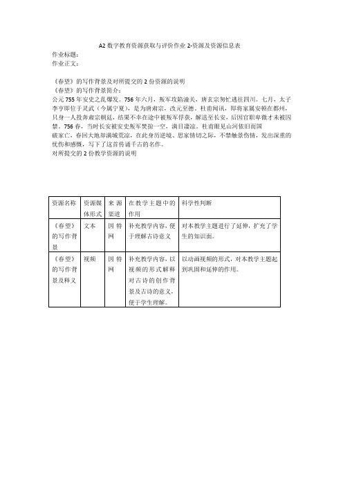 A2数字教育资源获取与评价作业2-资源及资源信息表-人教版八年级语文上册《春望》