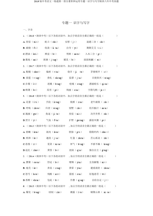 2019版中考语文一练通第一部分积累和运用专题一识字与写字陕西八年中考真题