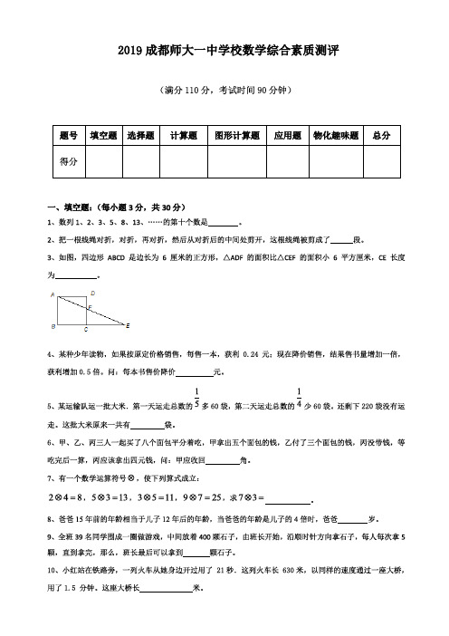 六年级数学下册 试题-成都师大一中小升初模拟试题(PDF含解析)北师大版 2019年师大一中